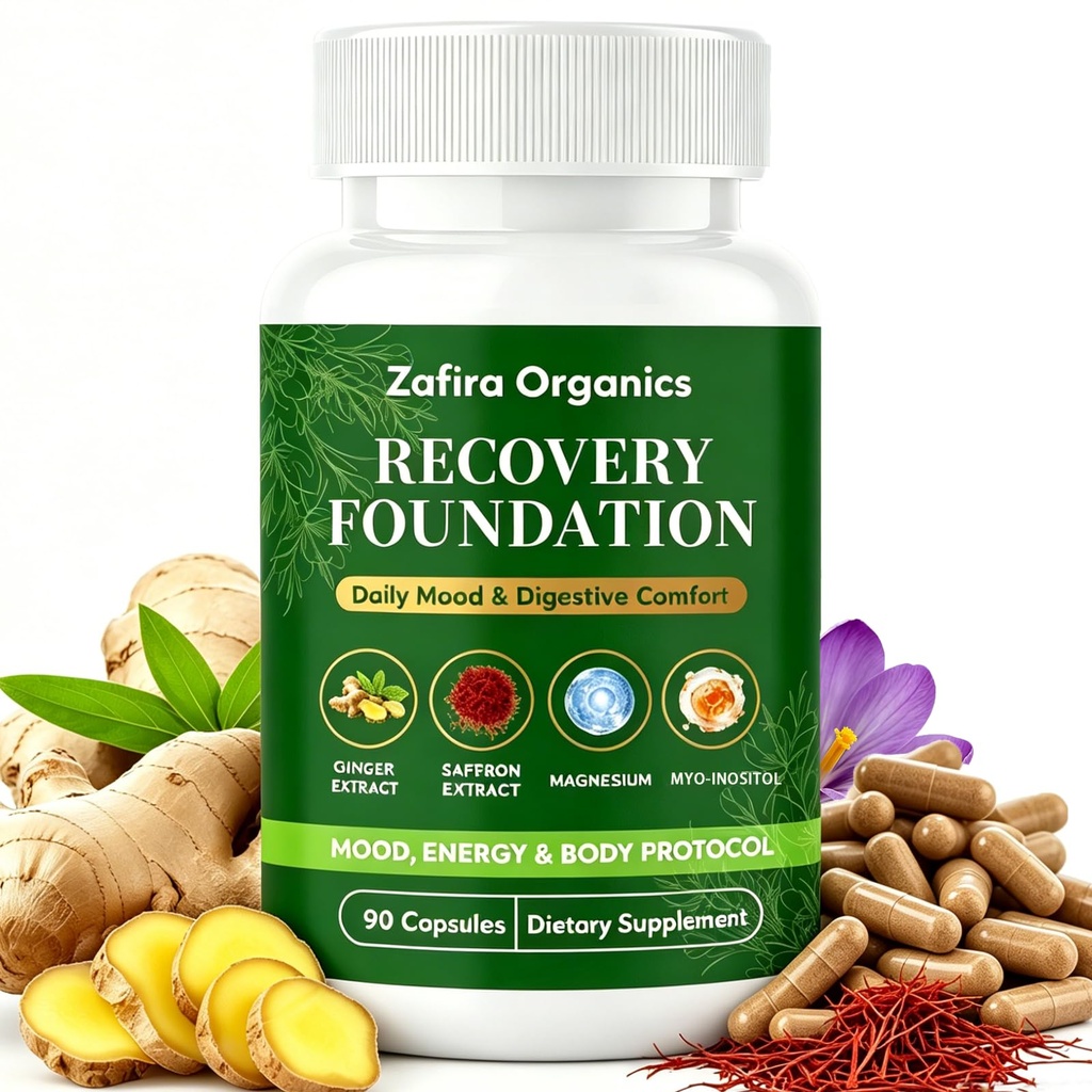 Zafira Organics,Zafira Recovery Foundation,Zafira Saffron Recovery Capsules with Saffron Extract,Myo-Inositol, Magnesium & Ginger Extract,Natural Herbal Formula,Non-GMO,90 Capsules (1)