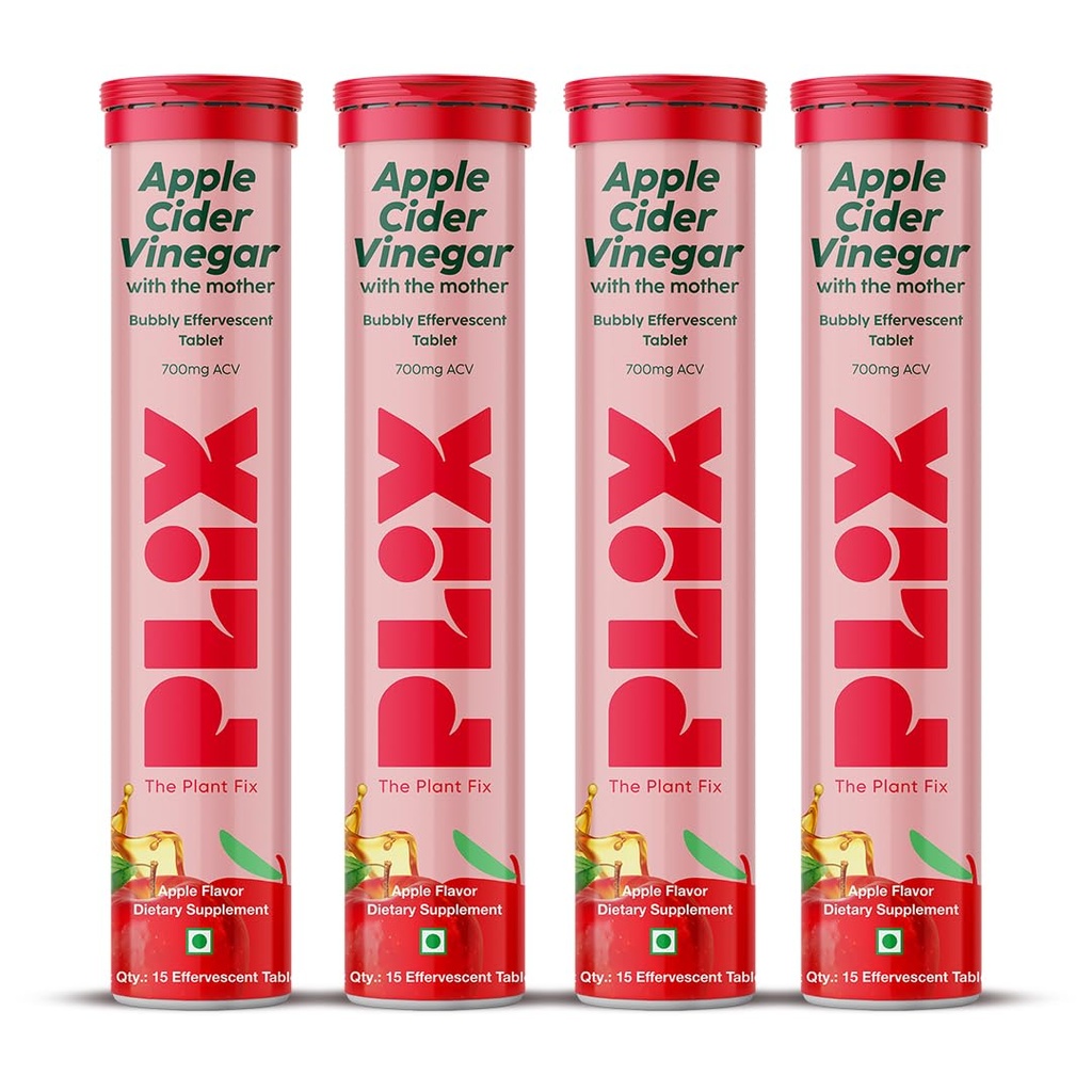 PLIX - THE PLANT FIX Apple Cider Vinegar 15 Effervescent Tablet, ACV with Mother for Weight Loss and Easy Digestion, Vitamin B6 & B12, Pack of 4 (Apple), 100% Vegan, Easy to Carry & Consume