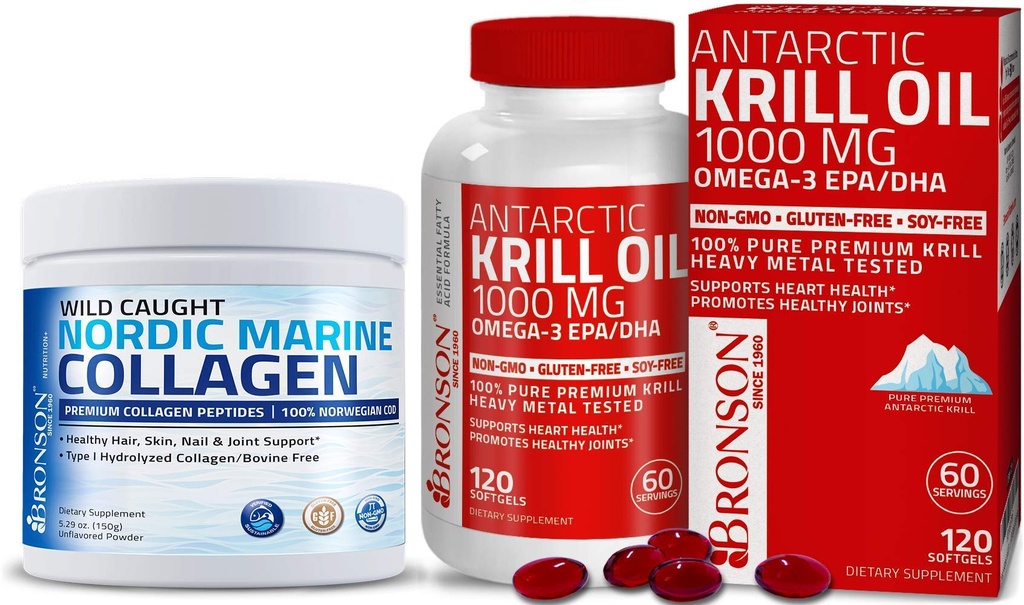 Bronson Marine Collageen Peptides Gehydrolyseerd Proteïne Poeder + Antarctische Krill Oil 1000 mg met Omega-3s EPA DHA