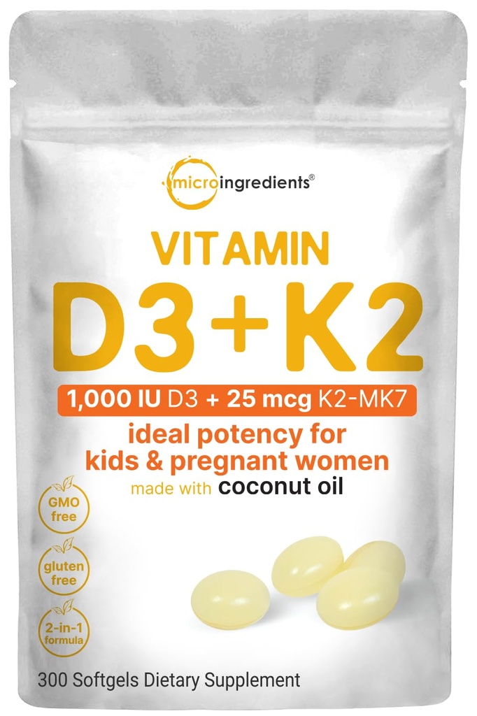 Micro-Ingrediënten Vitamine D3 1.000 IE + K2 MK-7 25 mcg, 300 Softgels 