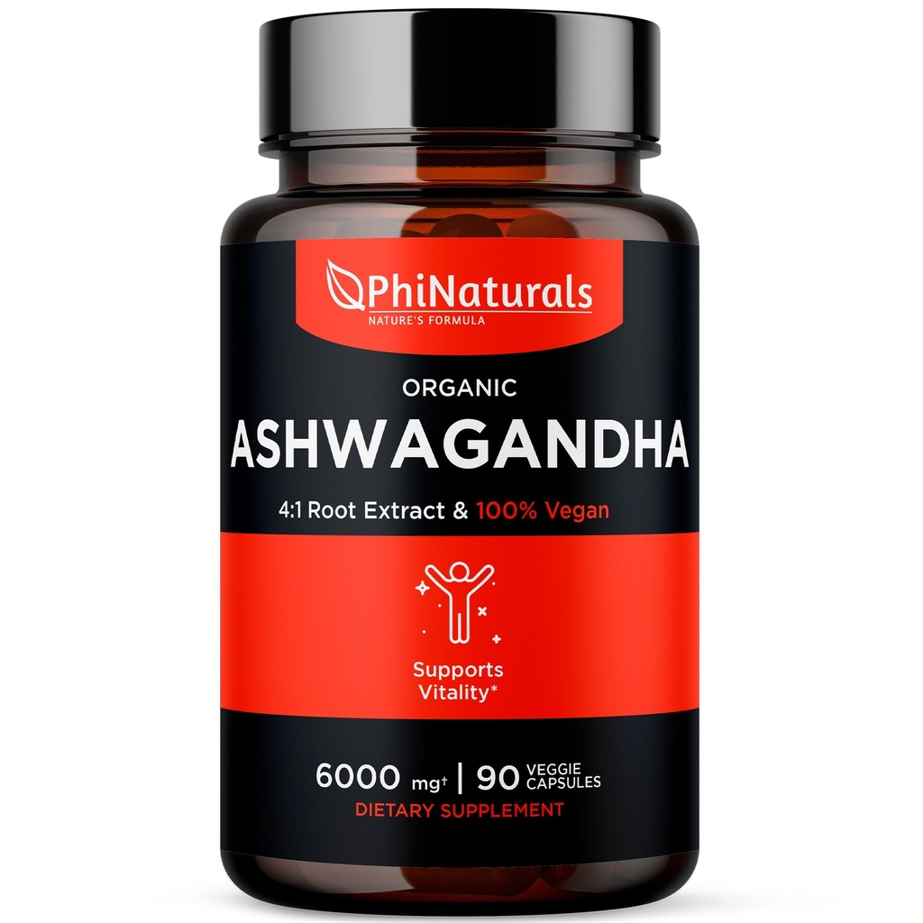 PhiNaturals Organic Ashwagandha Root Extract in Vegan Capsules Equal to 6000 Mg Root - Ashwaganda Supplement for Men and Women with 1500 Mg Per Serving 30 Serving - 500mg Per Vegan Capsule 90 Tel.