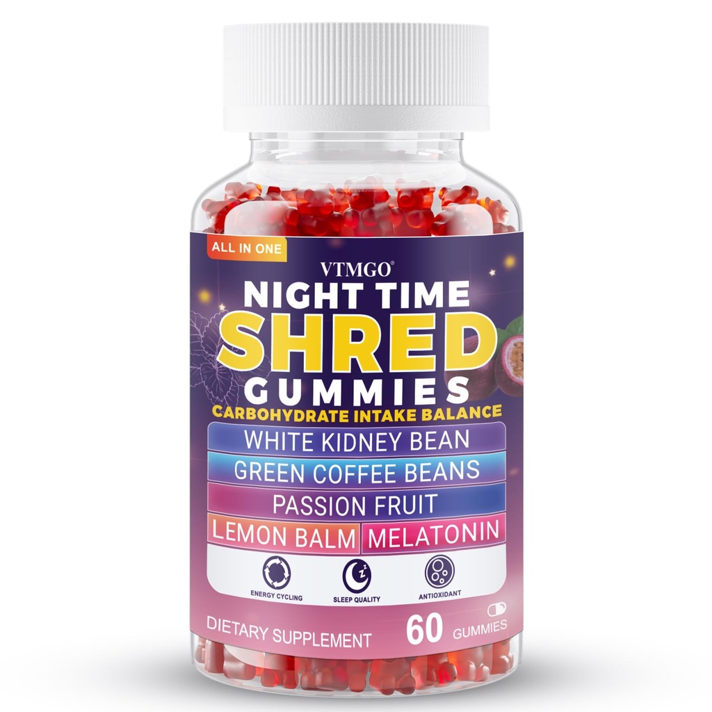 Night Time Shred Gummies for Women & Men | White Kidney Bean & Green Coffee Bean with Melatonin & Lemon Balm | Carb Intake Balance & Nightly Antioxidant Support* | 60 Ct