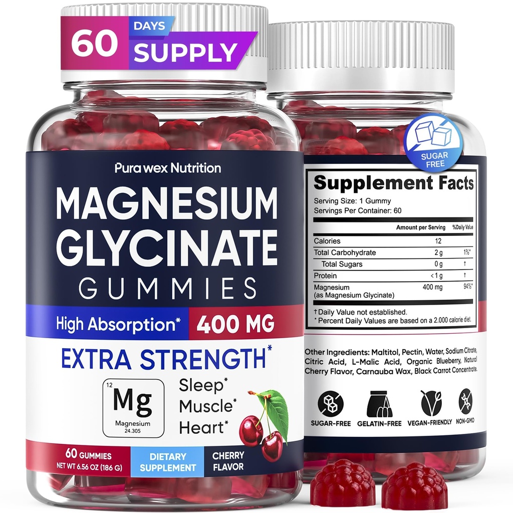 Magnesium Glycinate Gummies 400mg Extra Strength, Cherry Flavor (60 Count) - High Absorption Supplement for Adults, Kids, Women & Men, Muscle & Relaxation, Sugar-Free Vegan Non-GMO Chews