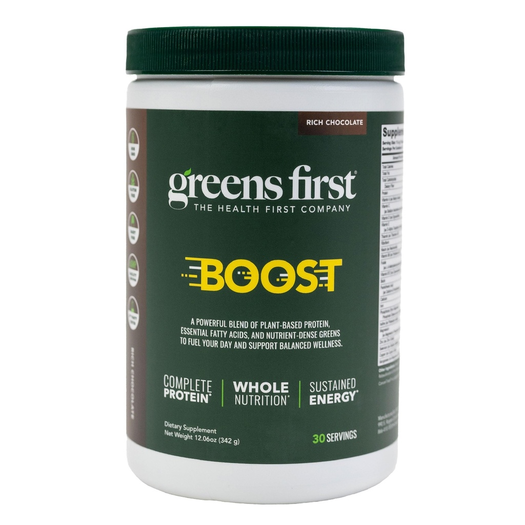 Greens First Boost - Plant-Based Protein & Balanced Nutrition - Superfood Shake Mix - No Wheat or Soy - Dairy-Free - Vegan - Dutch Chocolate - 12.28 oz