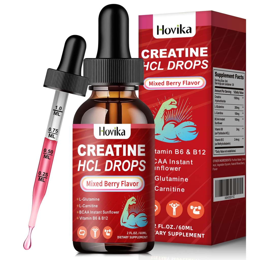 Creatine HCL gouttes liquides pour les hommes et les femmes, chlorhydrate de créatine avec L-Carnitine, L-Glutamine, BCAA, vitamine B12 et B6 pour la croissance musculaire et la récupération-Vegan, mélange d'arômes de baies, 2 Fl Oz