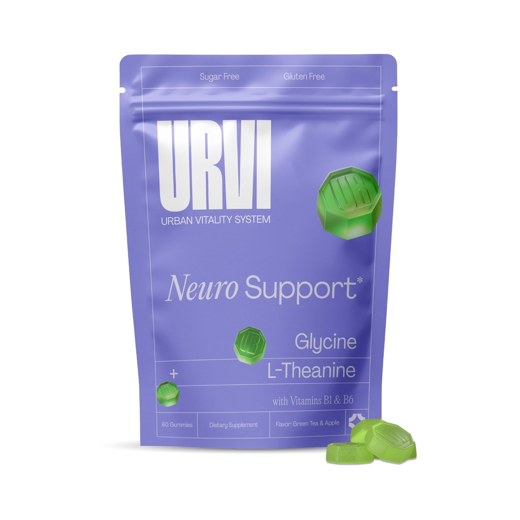 URVI® Neuro Gummies – 500mg Glycine, 150mg L-Theanine (high Potency), Vitamins B1 & B6 for Rest & Sleep, Relaxation, Calm Focus, Stress Relief – Caffeine- & Sugar-Free– Green Tea & Apple – 60 Count