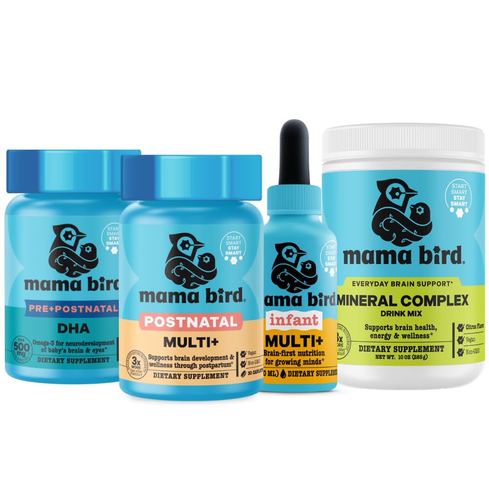 Best Nest Wellness Mama Bird Brain-First Postnatal Foundation Set with Infant Multi+ - Postpartum Essentials, Choline, DHA, Postnatal Multi+ & Baby Vitamins - Lactation Support - Vegan - 30 Servings