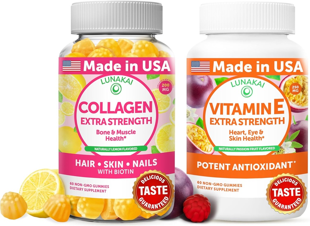 Lunakai Collageen and Vitamin E Gummies Bundle - Non-GMO Anti Aging Supplements for Men & Women - Natural Gummy with Vitamin C & 250 mg Natural VIT E