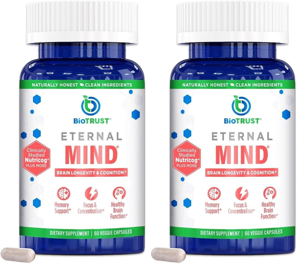 BioTrust Eternal Mind Brain Supplements for Memory & Focus - Sharpen Mental Agility, Recall & Concentration with Age - Clinically Studied Supplement for Longevity & Cognition - 30 Servings (Pack of 2)