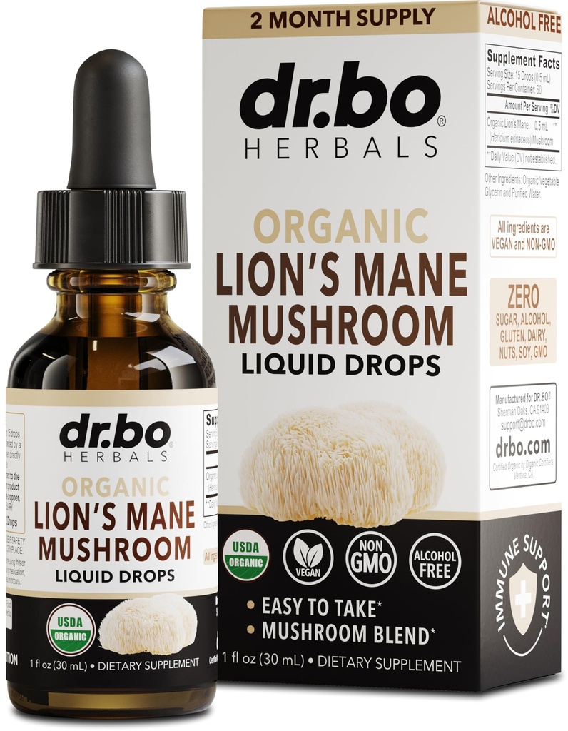 Lions Mane Mushroom Supplément gouttes - Bio Lion Mane Mushroom Liquid Tecture for Focus, Fog Cerveau Suppléments Santé - Vegan Herbal Nervine Nootropic Organic Lions Lions Complément liquide Extrait 1oz