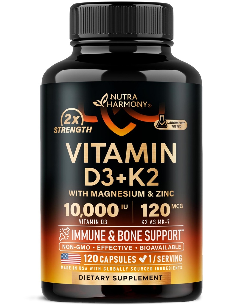 Vitamine D3 K2 - Vitamine D3 10000 ie & K2 als MK-7 120 mcg - Immune & Mood Support, for Bone & Teeth Health - with Magnesium, Zink & Vitamin C & B12 - Highly Bio available - Made in USA, 120 Capsules