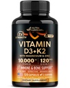 Vitamine D3 K2 - Vitamine D3 10000 ie & K2 als MK-7 120 mcg - Immune & Mood Support, for Bone & Teeth Health - with Magnesium, Zink & Vitamin C & B12 - Highly Bio available - Made in USA, 120 Capsules