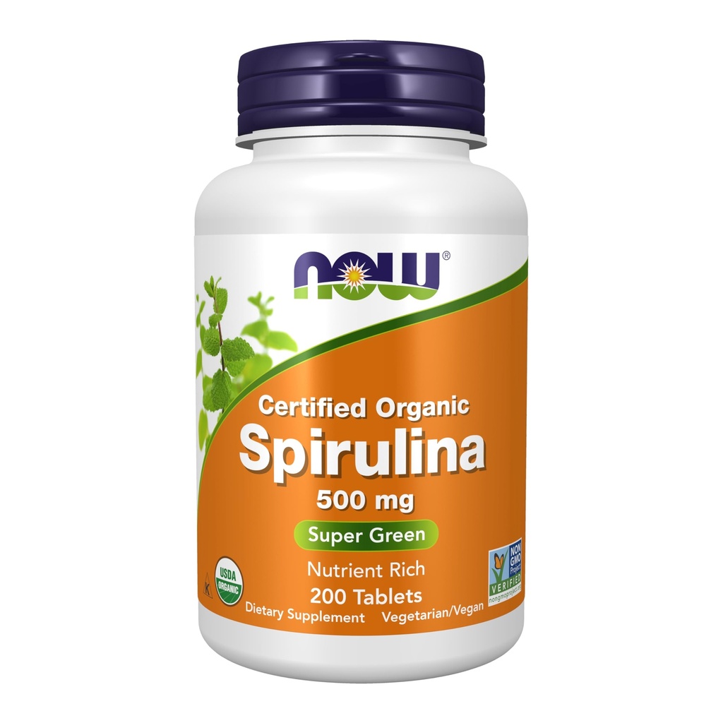 NOW Foods Supplementen, Organische Spirulina 500 mg met vitamines, mineralen en GLA (Gamma-Linoleenzuur), 200 tabletten