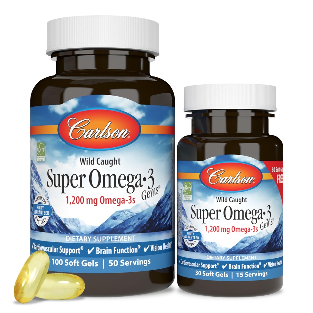 Carlson - Super Omega-3 Gems, 1200 mg Omega-3 Vetzuren met EPA en DHA, Wild-Caught Norwegian Supplement, Sustainablely Sourced Fish Oil Capsules, Omega 3 Supplementen, 100+30 Softgels