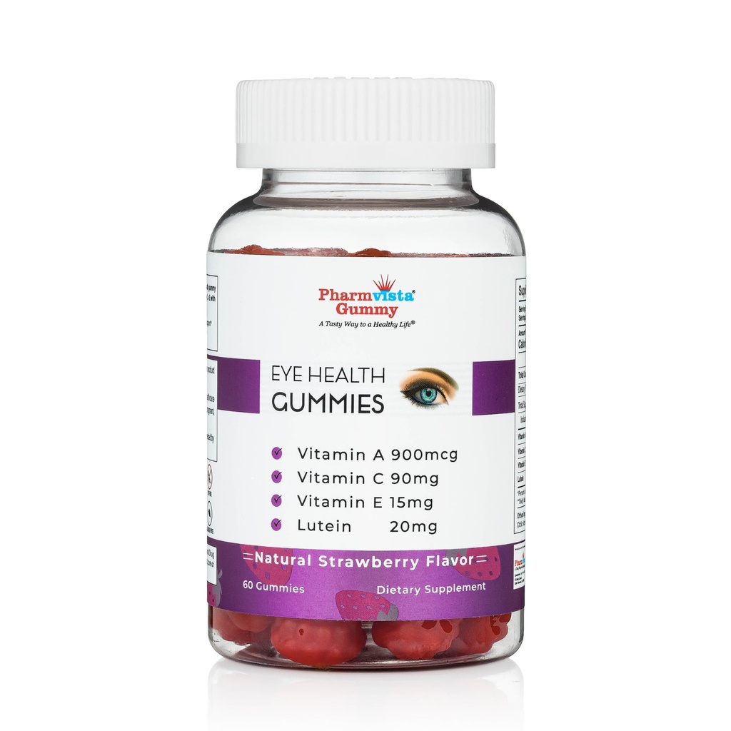Gummy de soutien à la santé oculaire - Vitamine A + C + E + Lutéine - Supplément sans gluten, respectueux des végétaux - 60 Compte
