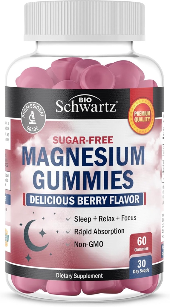 BioSchwartz Sugar Free Magnesium Gummies (30 Servings) Berry Flavored Magnesium Citrate Supplement ondersteunt gezonde zenuwspieren Energie Kalm Mood en Slaap (Vegan Safe, Niet GGO, 60 Gummies)