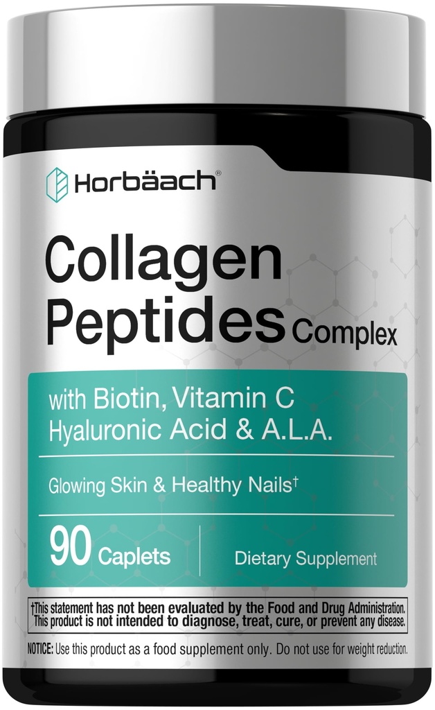 Horbäach Collagen Peptides | 90 Caplets | with Vitamin C, Hyaluronic Acid, and Biotin | Type I & III | Skin and Nail Health | Non-GMO, Gluten Free Supplement