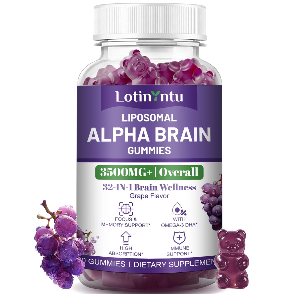 LIPOSOMAL Alpha Brain Gummies 3500MG+ | Grape Flavor, High Absorption Brain Supplement with Omega-3 DHA+EPA, Focus & Memory Support, Immune Boost, Easy to Take, 60 Gummies.