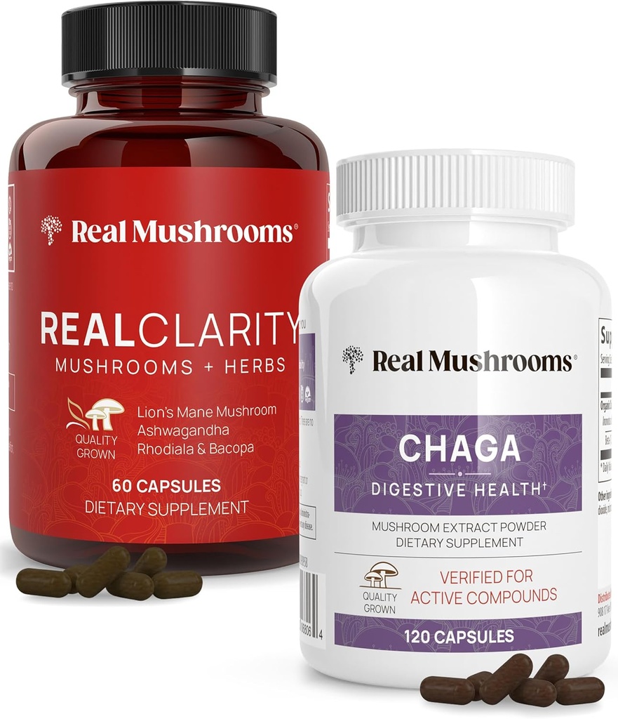 Real Paddestoelen RealClarity (60ct) en Chaga (120ct) Capsules Bundel - Mushroom Supplement voor geestelijke helderheid, focus, spijsverteringsgezondheid en immuunondersteuning - Veganistisch, niet-GMO, geverifieerde niveaus van Beta-Glucans