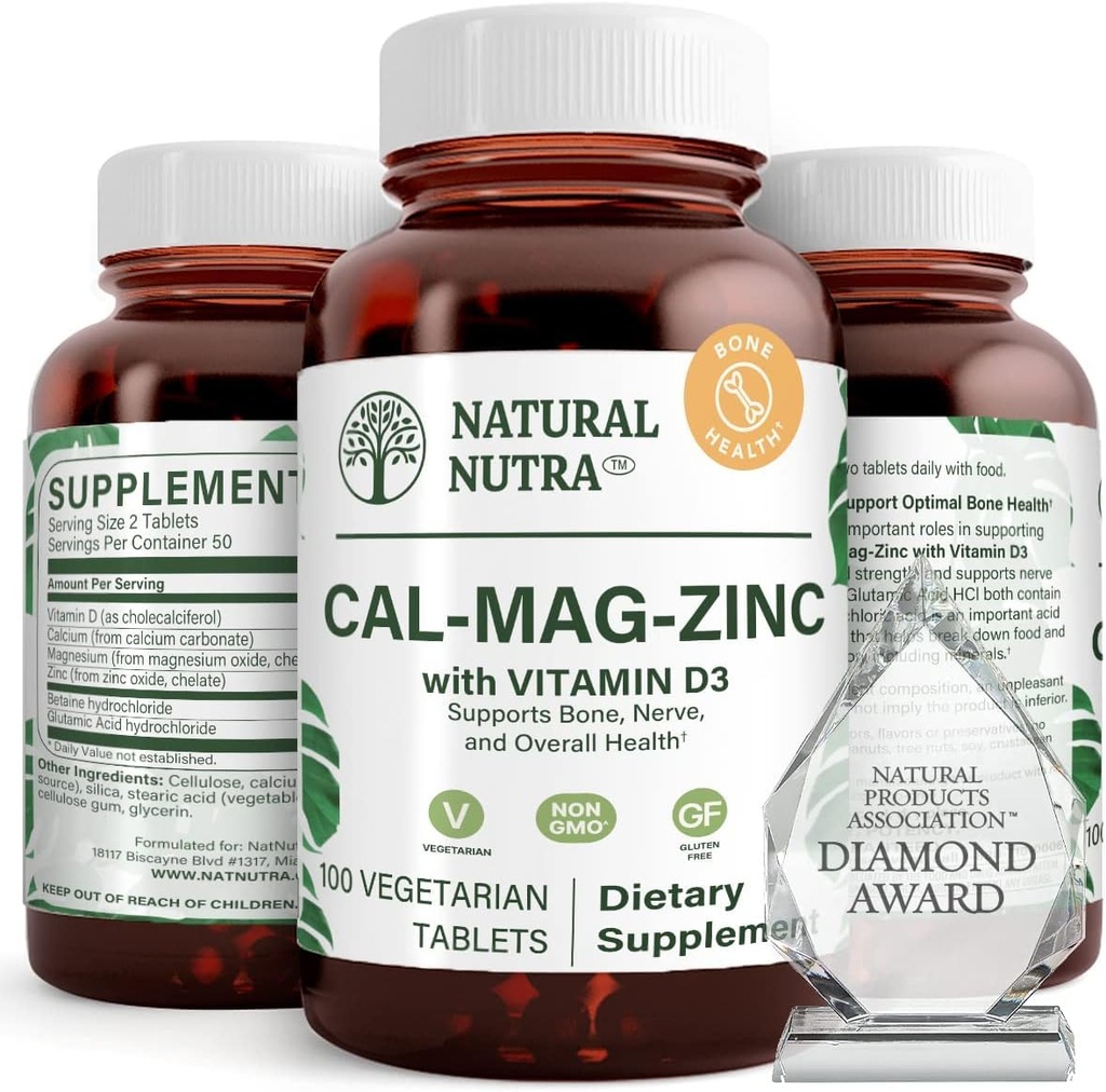 Natuurlijke Nutra Calcium Magnesium Zink (Cal-Mag Zink) Supplement met vitamine D3 voor bot sterkte, helpt bij het verbeteren van spijsvertering, gezondheid Glutenvrij en suikervrij, essentiële minerale complex (100 telling)