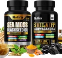 Sea Moss & Shilajit Multivitamin Bundle - Sea Moss 7000mg, Shilajit 9000mg, Black Seed Oil 4000mg, Ashwagandha 2000mg, Ginger & Rhodiola Rosea 1000mg, All in 1 Supplements (60 Count) (1 Pack)
