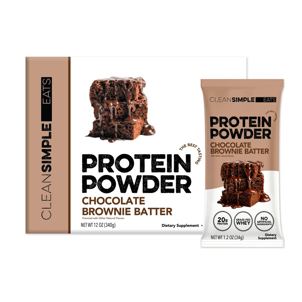 Clean Simple Eats Whey Isolate Protein Powder, Brownie Batter, Naturally Sweetened, Zero Added Sugar, 20g 100% Grass Fed Protein Powder with Digestive Enzymes, Gluten Free, Non GMO, 10 Stick Packs