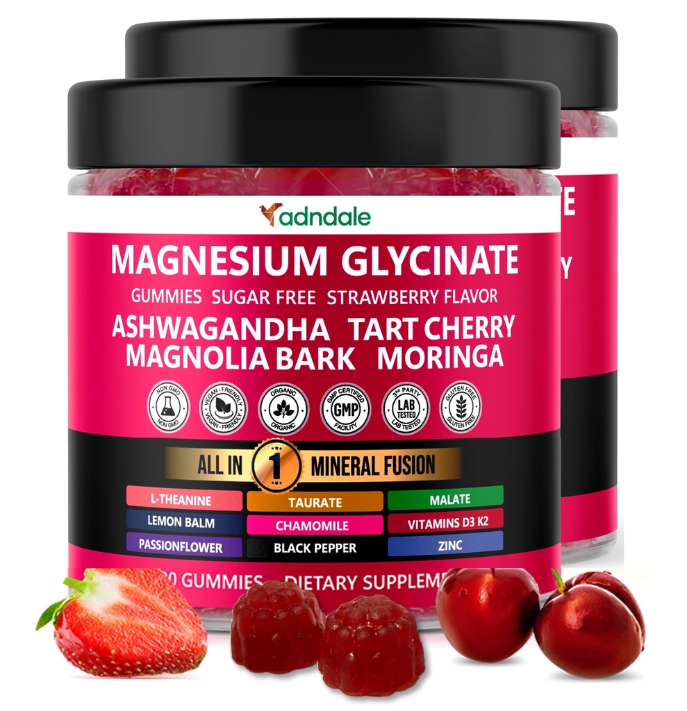 Adndale Magnesium Glycinate 400 mg Gummies with Ashwagandha, Magnesium Malate & Taurate, Tart Cherry, Magnolia Bark, Lemon Balm, Passionflower, Chamomile, L-Theanine, Zinc, Vitamin K2 & D3. 180CT