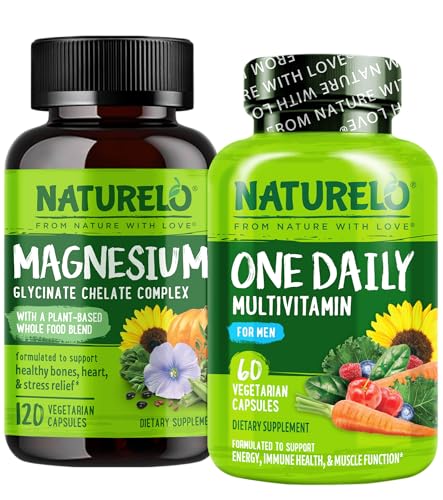 NATURELO One Daily Multivitamin for Men with Vitamins, Minerals & Organic Whole Foods - 60 Capsules and Magnesium Glycinate Chelate Complex - 120 Capsules Bundle