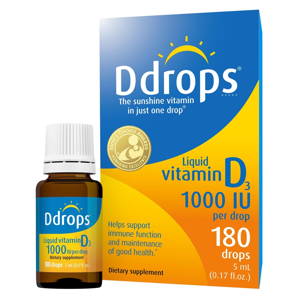Ddrops Adults 1000 IU 180 Drops, Liquid Vitamin D. Supports Strong Bones & Immune System. No Large Capsules, No Preservatives, Non-GMO, Allergy-Friendly