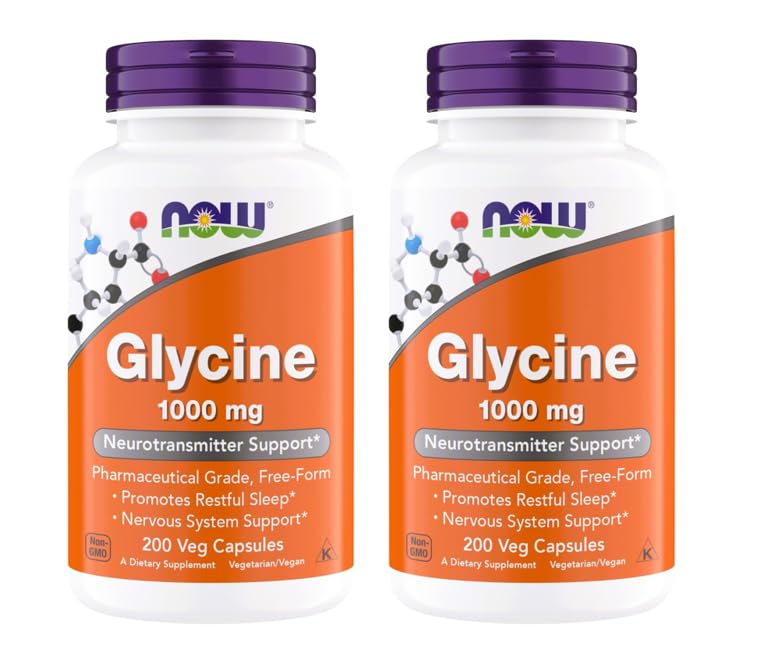NOW Foods Glycine 1000mg, Free-Form Pharmaceutical Grade, Neurotransmitter Support*, Promotes restful Sleep*, Gluten Free, Vegan, Kosher 200 Vegetarian Capsules (Pack of 2)