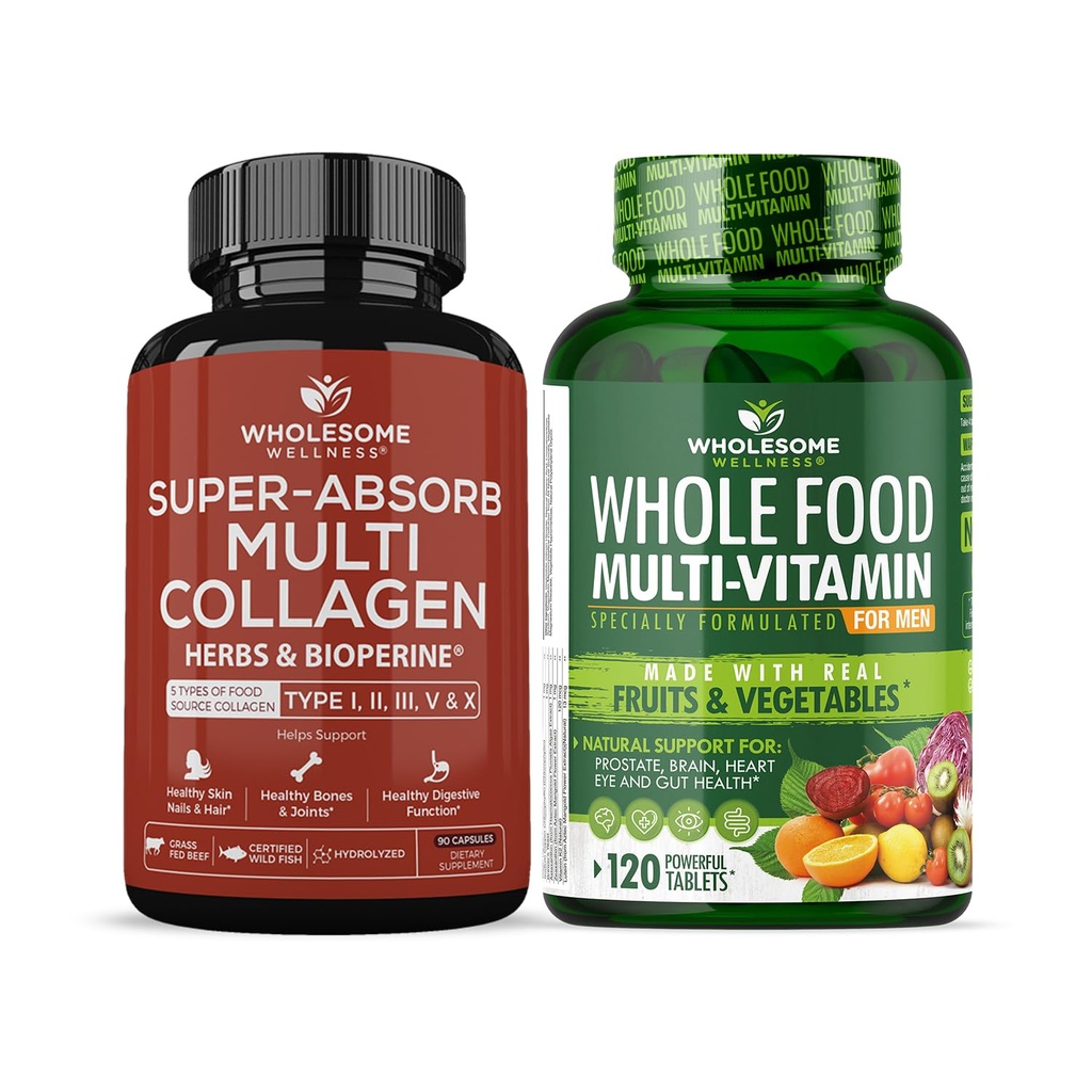 Gezonde Wellness Super-Absorb Multi Collageen Pillen (Type I II III V X) Biologische Kruiden en Bioperine + Gehele Voeding Multivitamine voor Mannen - Natuurlijke Multi Vitaminen, Mineralen, Biologische Extracten Bundel
