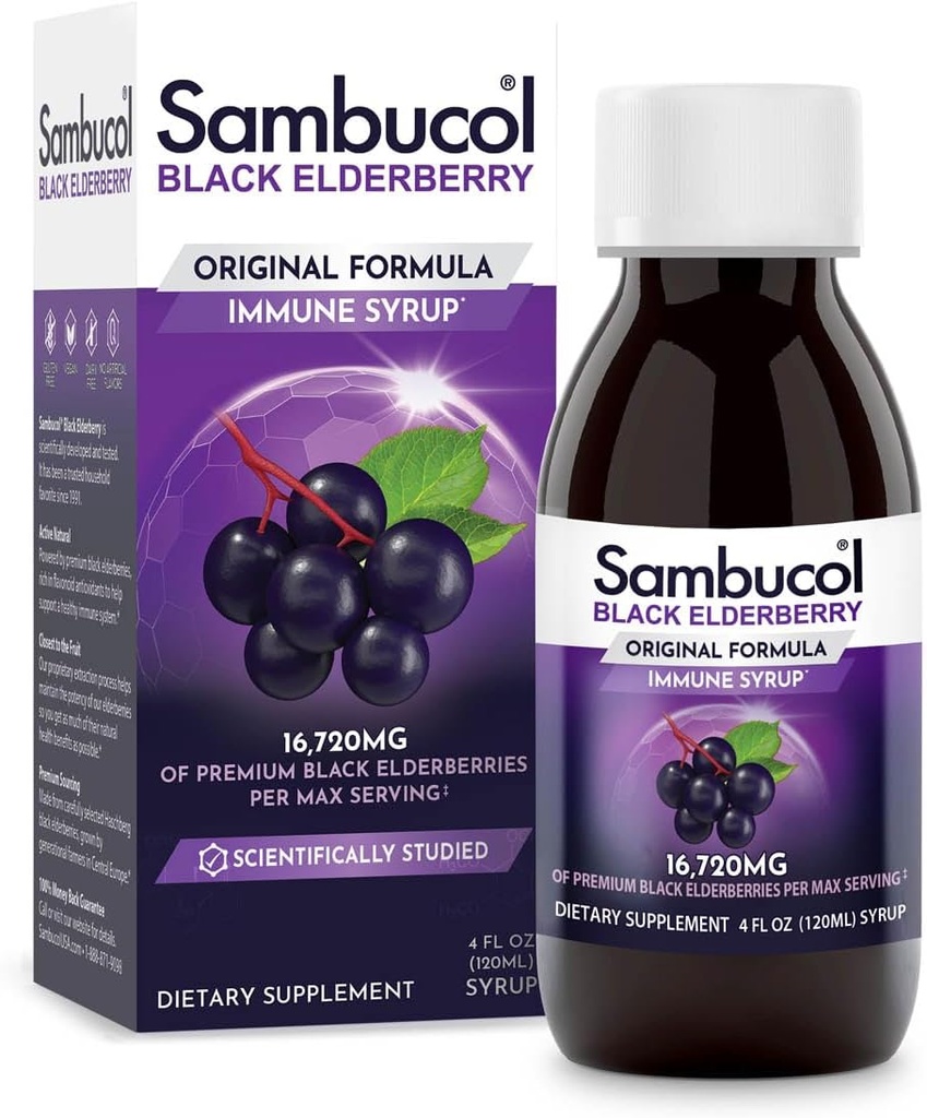 Sambucol Zwarte Vlierbes Siroop - Sambucus Vlierbes Siroop, Zwarte Vlierbes Liquid, Immune Support, Vlierbes Siroop voor kinderen en volwassenen, Hoge Antioxidanten, Glutenvrij - Originele Formule, 4 Fl Oz