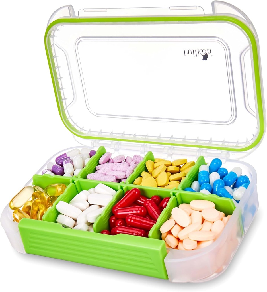 Fullicon Large Pill Organizer met 8 Compartiments, Vocht Proof Reis pil Box met verwijderbare Divider, Dagelijkse Pillen Container met Lables, Pill Case voor Vitamine, Visolie, Supplement (Clear Green)