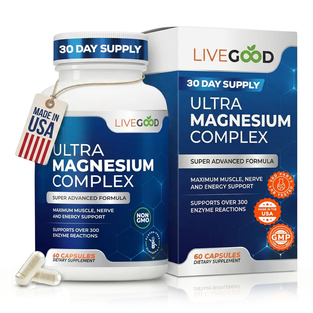 LiveGood™ Ultra Magnesium Complex, Organic Magnesium Glycinate and Gluconate for Muscle Recovery, Nerve Support & Relief – High Absorption Supplement, Vegan, Non-GMO, Made in USA, 60 Capsules