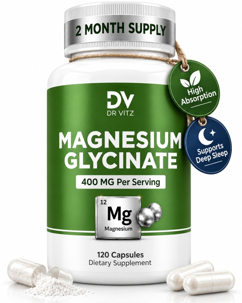 Magnesium Glycinate 400mg Per Serving (200mg Per Capsule) - 120 Vegan Capsules, 2 Month Supply | High Absorption Chelated Magnesium for Sleep, Stress, Muscle & Nerve Support