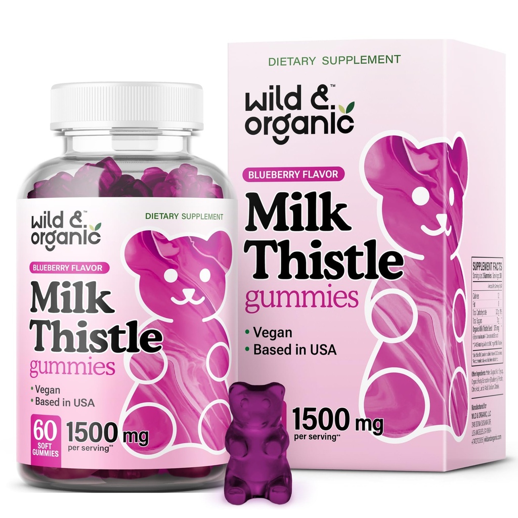 Wild & Organic Milk Thistle Gummies 1500 mg - Milk Thistle Supplement for Liver Cleanse Detox - Silymarin Liver Detox Gummies - 30 Days Supply - 60 Vegan, Non-GMO Kauwen