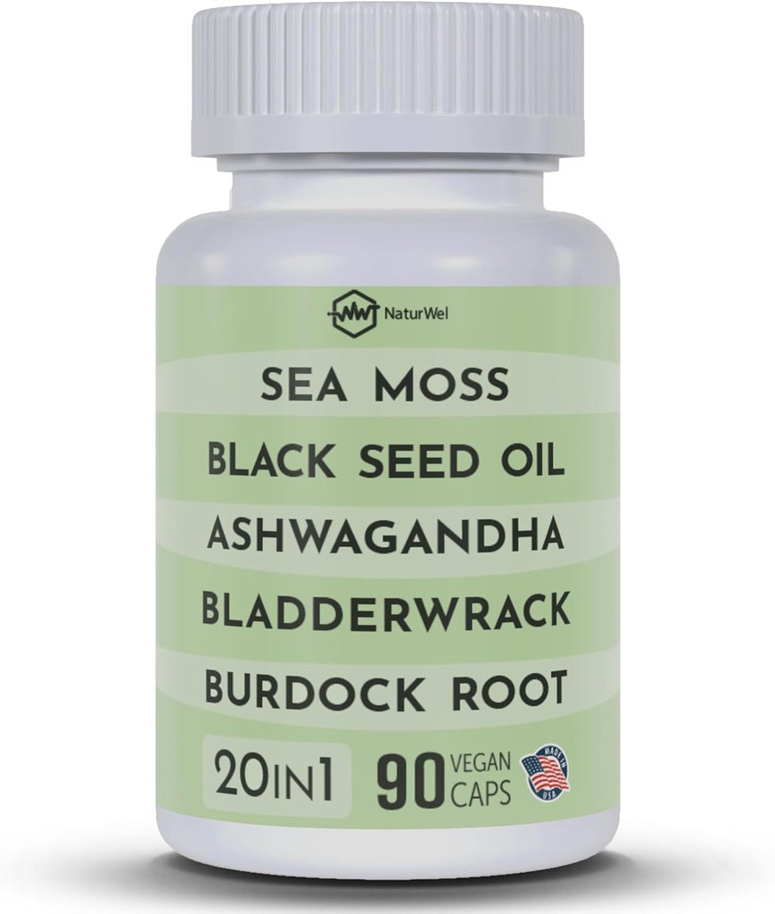 Black Seed Oil 3000mg Sea Moss 3000mg Ashwagandha 1000mg Turmeric 1000mg Burdock 1000mg Bladderwrack 1000mg & Elderberry Manuka Chlorophyll Dandelion Yellow Dock - (90 Capsules Pack of 1)