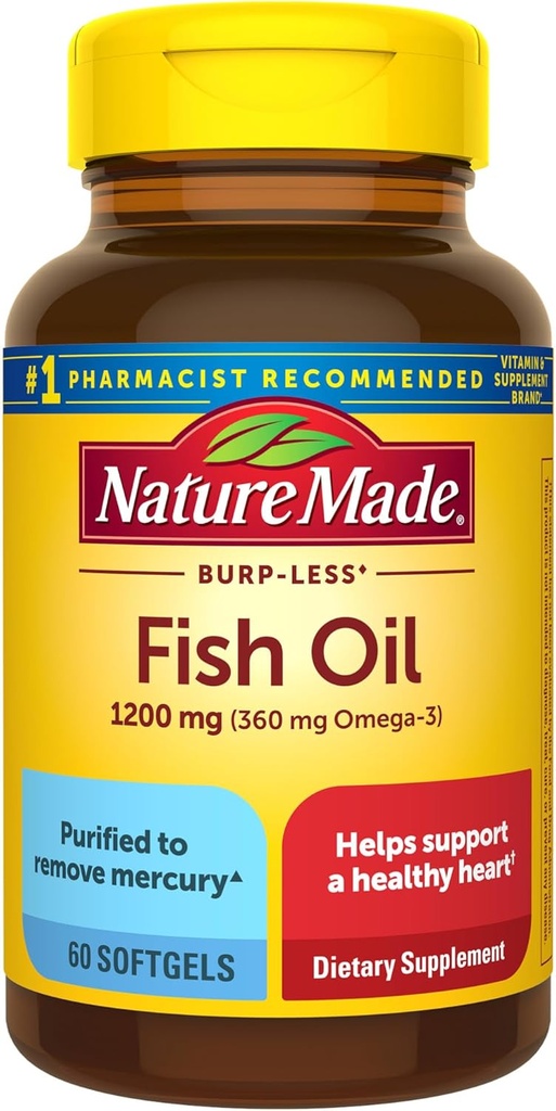 Nature Made Burp Minder Visolie Omega 3 Supplementen, 1200 mg Softgels, EPA DHA Omega 3 Visolie Supplementen voor gezonde hartondersteuning, 60 Softgels, 30 dagen levering