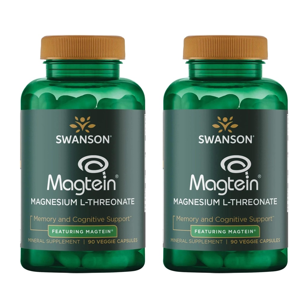Swanson Magnesium L-Threonate - Mineral Supplement Promoting Nervory System Health - May Support Cognitive Health, Learning & Memory - (90 Veggie Capsules) (2 Pack)
