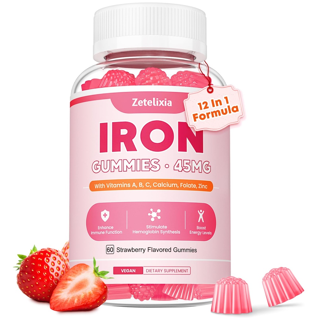 Gommies de supplément de fer végétalien pour les femmes et les hommes, Anémie, Constructeur de sang et soutien énergétique pour le déficit en fer, avec vitamine C, complexe A, B, folate, CoQ10, sans sucre, non-OGM, 60 comte