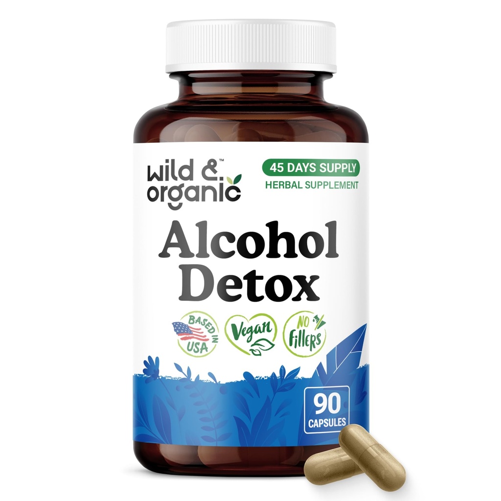 Wild & Organic Alcohol Detox Capsules - Antioxidant Liver & Kidney Support - Herbal Cleanse Supplement with Milk Thistle, Dandelion Root & Chanca Piedra - Vegan, No Fillers, Non-GMO - 90 Count