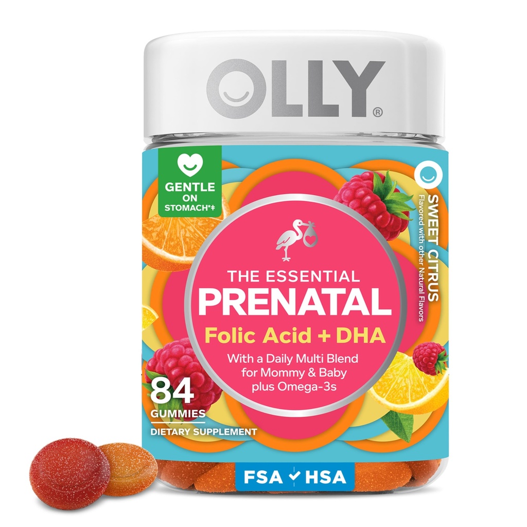 OLLY Essential Prenatale Gummy Multivitamine, Foliumzuur, Vitamine D, Omega 3 DHA, Ondersteunt gezonde groei en hersenontwikkeling, Citrus Berry - 84 Tel.