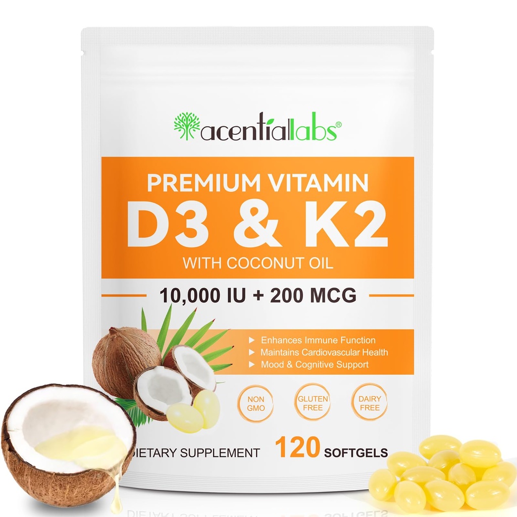 Vitamine D3 K2 Supplement Softgels, 10000 IE VIT D3 + 200 MCG K2 (MK-7) 