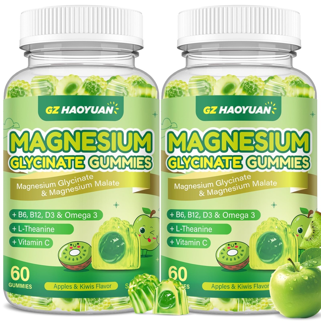 Magnesium Glycinate Gummies for Kids & Adults - Sugar Free Magnesium Malate with L-Theanine, Omega-3, Vitamin D3, B6, B12, C- Sleep, Calm, Relaxation, Brain, Bones, Green Apple & Kiwi, 60ct (2 Pack)