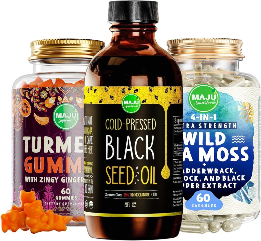 Maju Superfoods Black Seed Oil, 4-in-1 Sea Moss Capsules en Kurkuma Curcumin Ginger Gummies Bundle