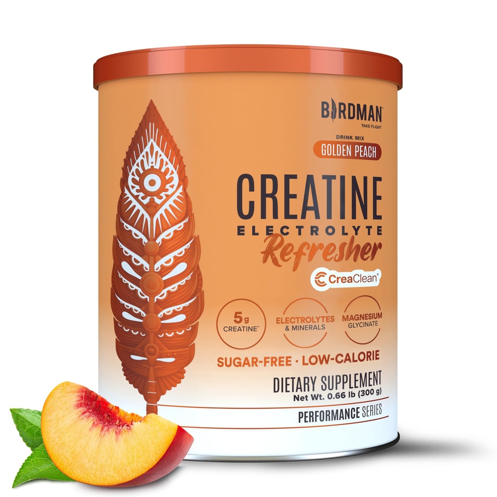 BIRDMAN Creatine Refresher | Creatine Monohydrate Powder with Electrolytes, Magnesium Glycinate & Vitamins | Creaclean Seal | Sugar Free, Low Calorie | Golden Peach | 30 Servings