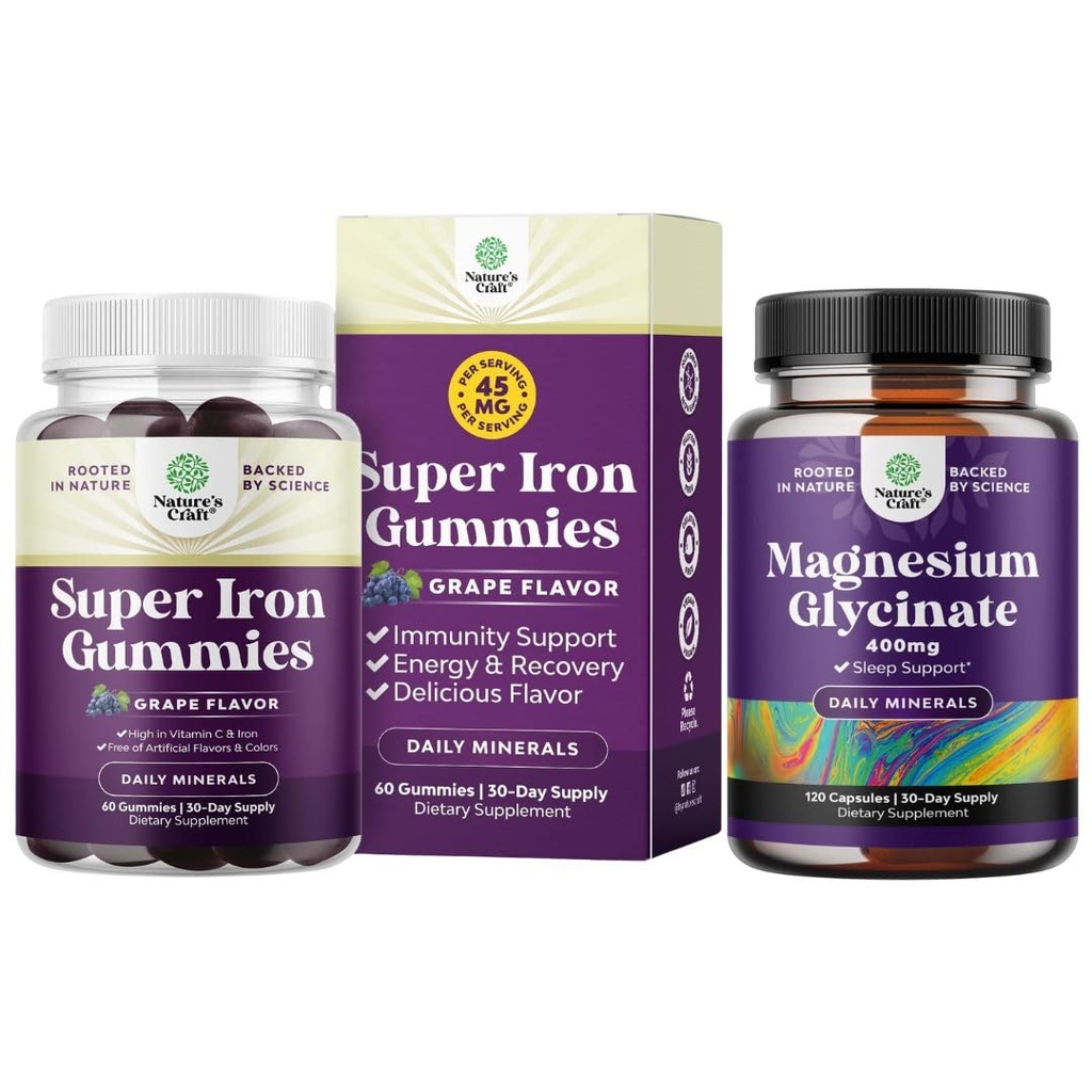 Bundle of Delicious Iron Gummies for Women and Men - Iron Supplement for Women and Men with Vitamin C for Higher Absorptie and Pure Magnesium Glycinate 400mg Per Serving for Mood Sleep and Relaxation