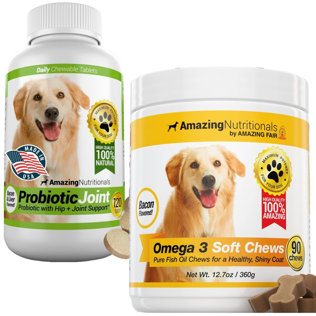 Probiotics for Dogs Joint Digestive with Skin and Coat Bundle - Omega 3 for Dogs Itchy Skin Relief for Dry Skin, Hot Spots and Shedding, Eliminates Joint Pain, Gas and Diarrhea Elimination