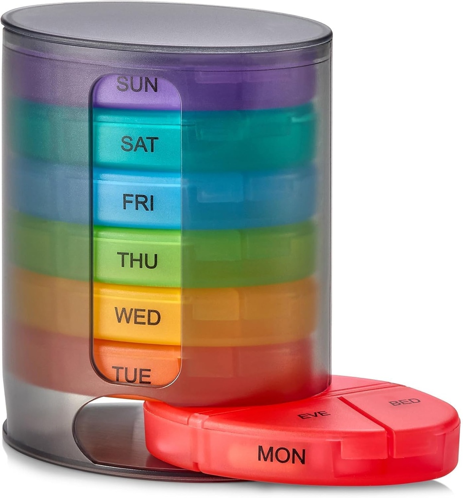 Organisateur hebdomadaire de pilules MEDca, 1 distributeur, 7 compartiments multicoloris empilables Quatre fois par jour - matin, midi, soir et heure du coucher, noir