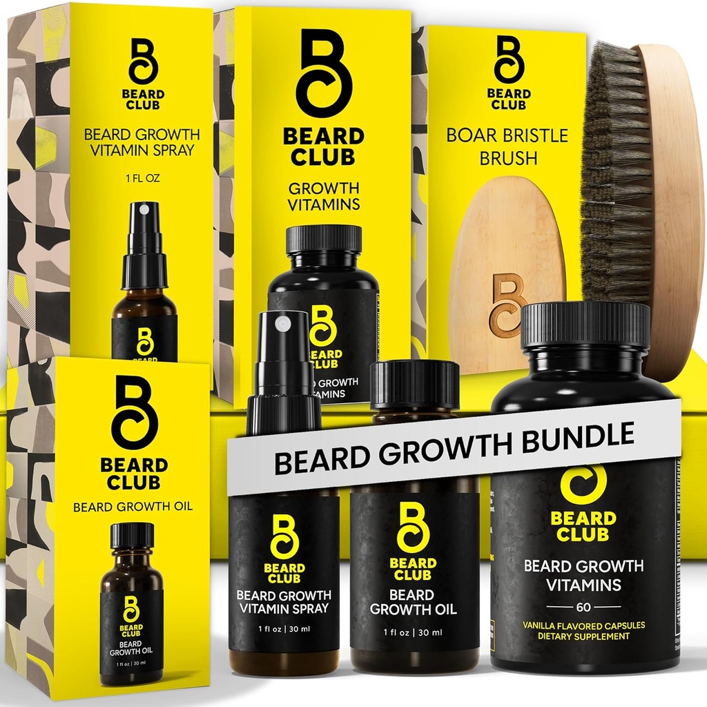 Baard Club Premium Baard Groei Kit - Growth Oil, Vitaminen, Vitamine Spray & Boar Bristle Brush - Gift Set